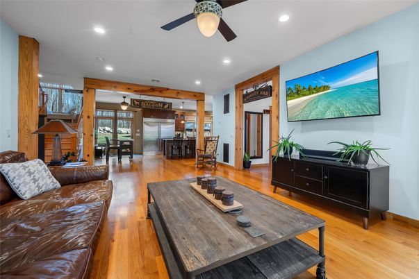 Dining room, Interior, Kitchen, Living room, Recessed Lighting, Stainless Steel Appliances, Wood Texture Flooring