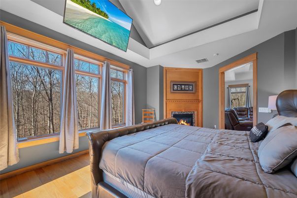 Bedroom, Fireplace, Interior, Recessed Lighting, Wood Texture Flooring