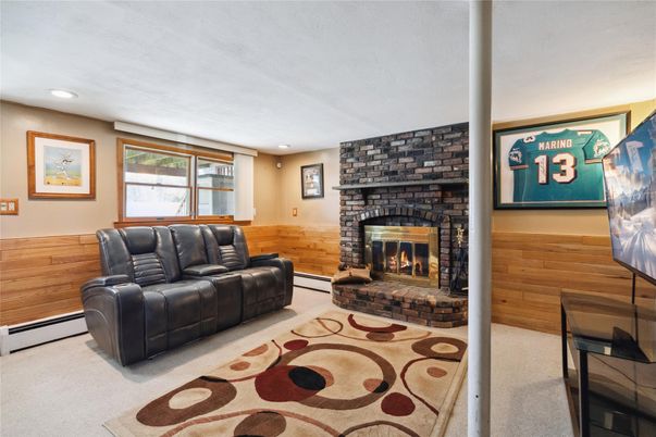 Fireplace, Interior, Living room, Recessed Lighting, Wooden Walls