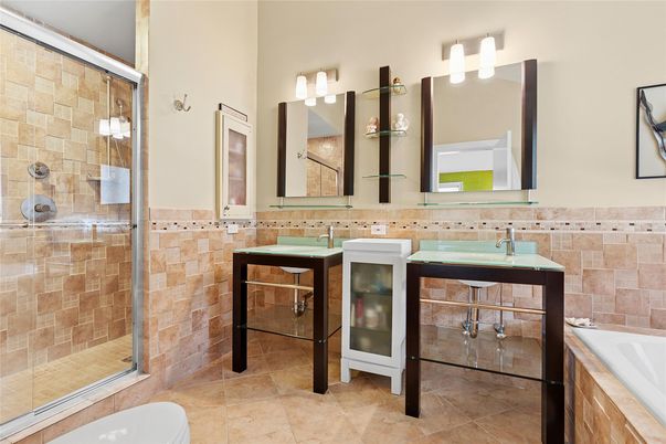 Bathroom, Dual Sink Vanities, Glass Shower, Interior, Stone Walls