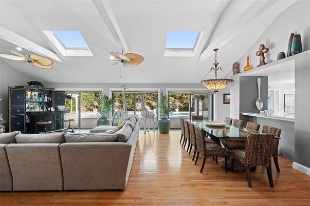 Dining room, Interior, Living room, Pendant Lights, Wood Texture Flooring