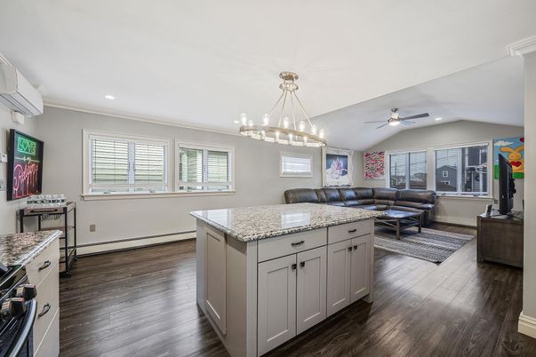 Chandelier, Interior, Kitchen, Living room, Recessed Lighting, Wood Texture Flooring