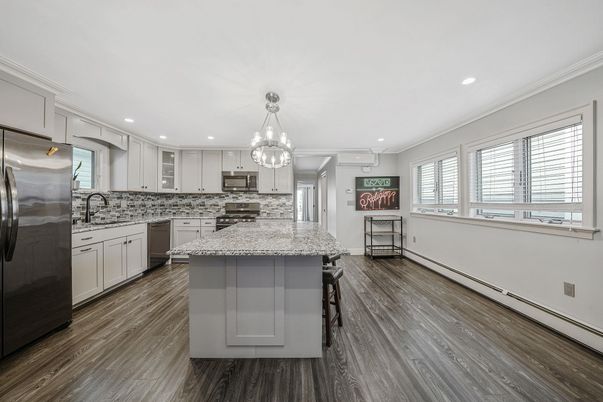 Chandelier, Interior, Kitchen, Recessed Lighting, Stainless Steel Appliances, Wood Texture Flooring