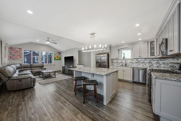 Interior, Kitchen, Living room, Pendant Lights, Recessed Lighting, Stainless Steel Appliances, Wood Texture Flooring