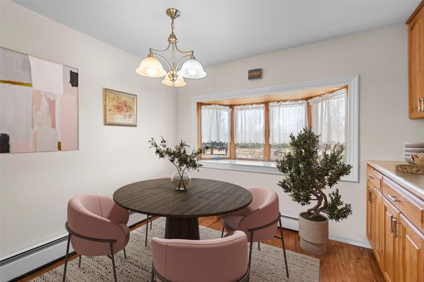 Dining room, Interior, Pendant Lights, Wood Texture Flooring