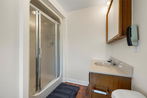 Bathroom, Glass Shower, Interior, Wood Texture Flooring