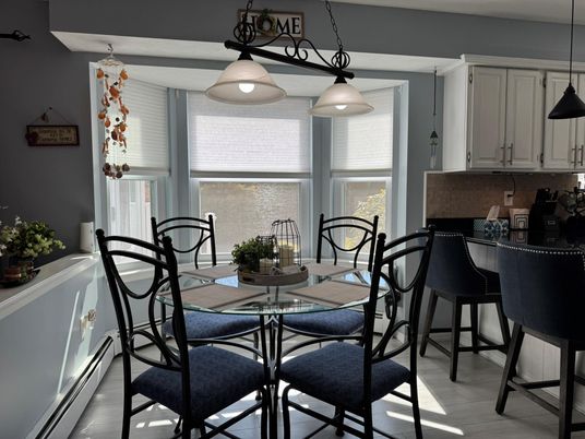 Dining room, Interior, Pendant Lights, Wood Texture Flooring