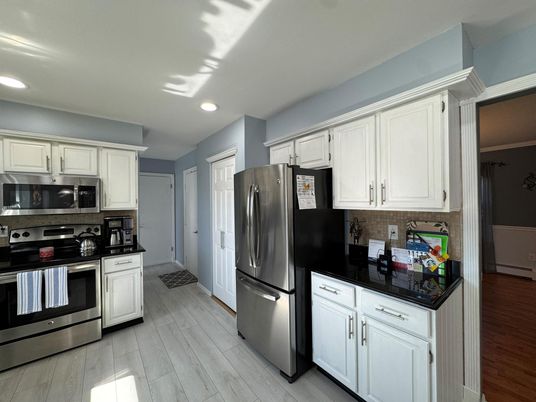 Interior, Kitchen, Recessed Lighting, Stainless Steel Appliances, Wood Texture Flooring