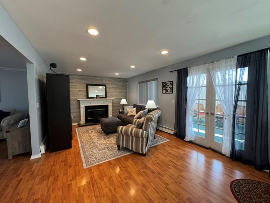 Fireplace, Interior, Living room, Recessed Lighting, Wood Texture Flooring