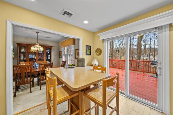 Dining room, Interior, Pendant Lights, Recessed Lighting, Wood Texture Flooring
