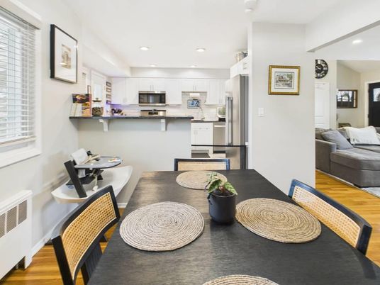 Dining room, Interior, Kitchen, Recessed Lighting, Stainless Steel Appliances, Wood Texture Flooring