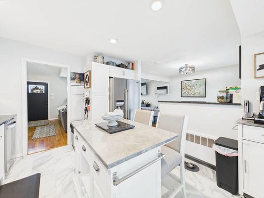 Interior, Kitchen, Marble, Recessed Lighting, Stainless Steel Appliances, Wood Texture Flooring