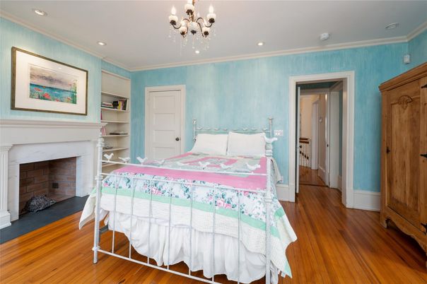 Bedroom, Fireplace, Interior, Recessed Lighting, Wood Texture Flooring