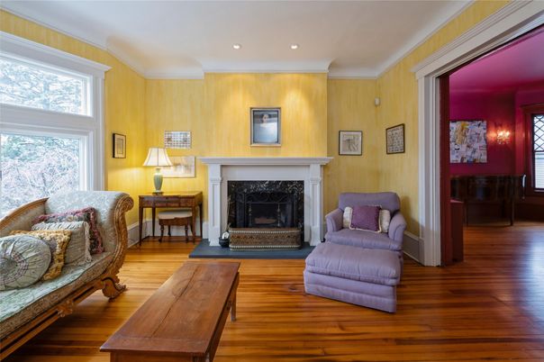 Fireplace, Interior, Recessed Lighting, Wood Texture Flooring, Wooden Walls