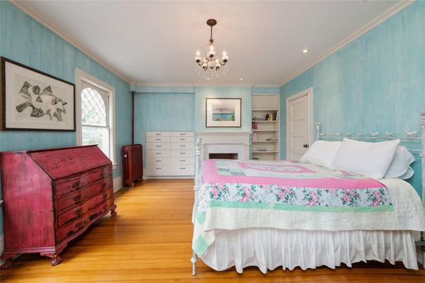Bedroom, Chandelier, Interior, Recessed Lighting, Wood Texture Flooring