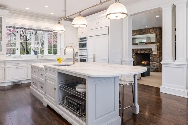 Fireplace, Interior, Kitchen, Pendant Lights, Recessed Lighting, Stainless Steel Appliances, Wood Texture Flooring