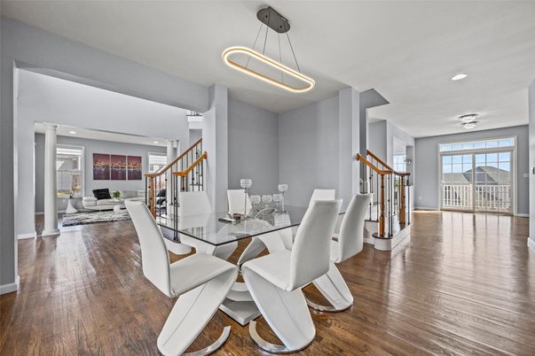 Dining room, Interior, Pendant Lights, Recessed Lighting, Wood Texture Flooring
