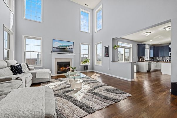 Fireplace, Interior, Kitchen, Living room, Recessed Lighting, Wood Texture Flooring