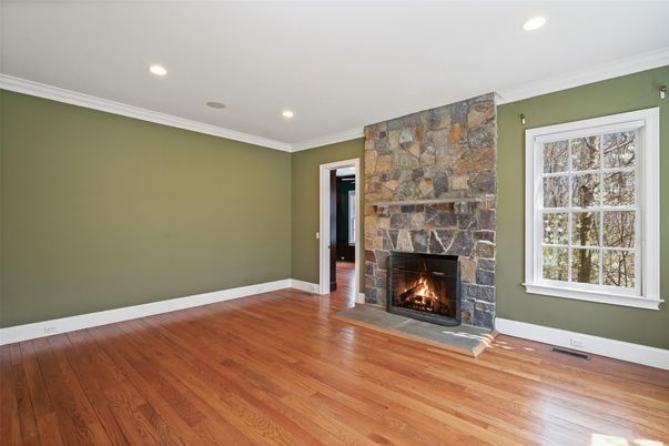 Empty room, Fireplace, Interior, Recessed Lighting, Wood Texture Flooring