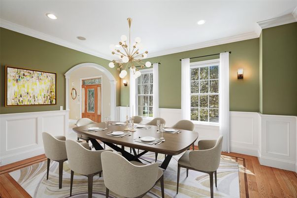 Dining room, Interior, Pendant Lights, Recessed Lighting, Wood Texture Flooring