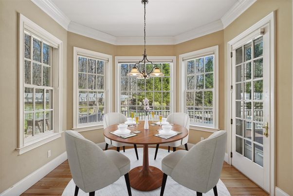 Dining room, Interior, Pendant Lights, Wood Texture Flooring