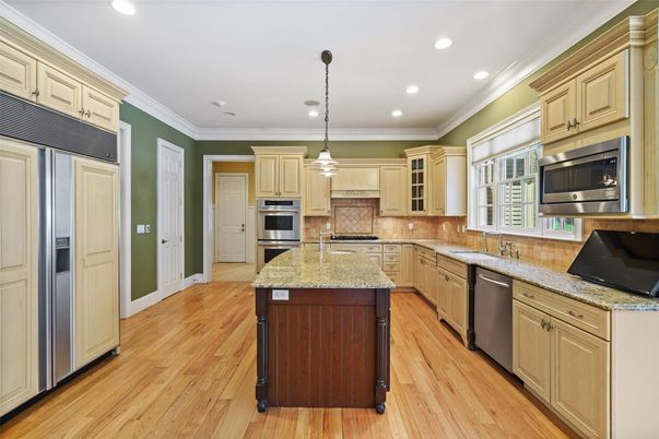 Interior, Kitchen, Pendant Lights, Recessed Lighting, Stainless Steel Appliances, Wood Texture Flooring