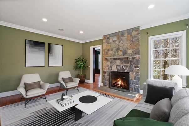 Fireplace, Interior, Living room, Recessed Lighting, Stone Walls, Wood Texture Flooring