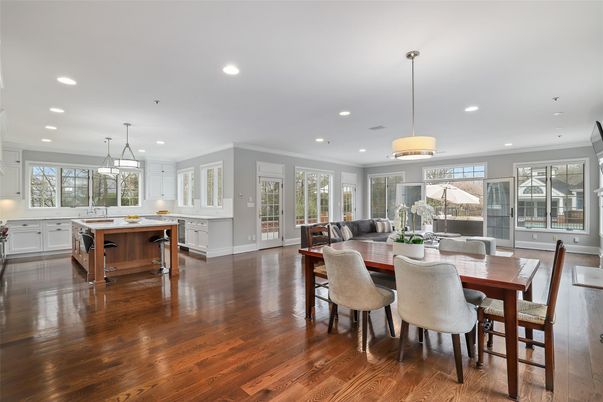 Dining room, Interior, Kitchen, Pendant Lights, Recessed Lighting, Wood Texture Flooring