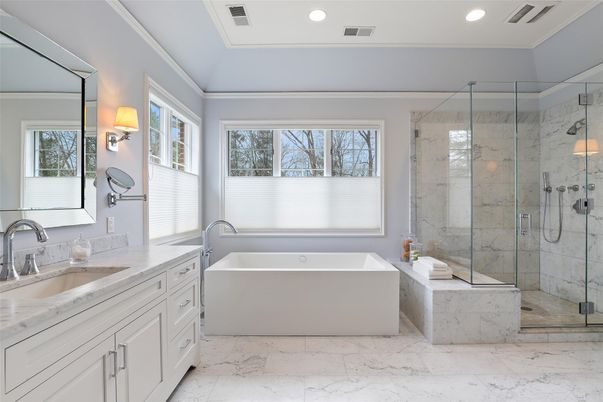 Bathroom, Dual Sink Vanities, Free Standing Baths, Glass Shower, Interior, Marble, Marble Walls, Recessed Lighting