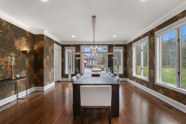 Dining room, Interior, Pendant Lights, Recessed Lighting, Wood Texture Flooring