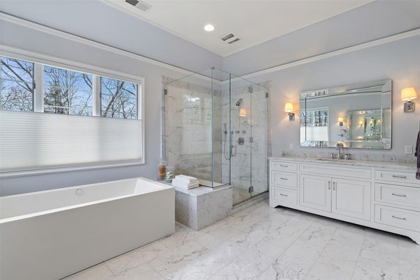 Bathroom, Dual Sink Vanities, Free Standing Baths, Glass Shower, Interior, Marble, Marble Walls, Recessed Lighting