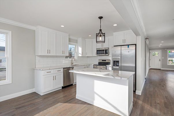Interior, Kitchen, Pendant Lights, Recessed Lighting, Stainless Steel Appliances, Wood Texture Flooring
