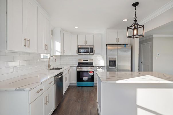 Interior, Kitchen, Pendant Lights, Recessed Lighting, Stainless Steel Appliances, Wood Texture Flooring