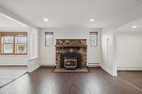 Fireplace, Interior, Recessed Lighting, Wood Texture Flooring