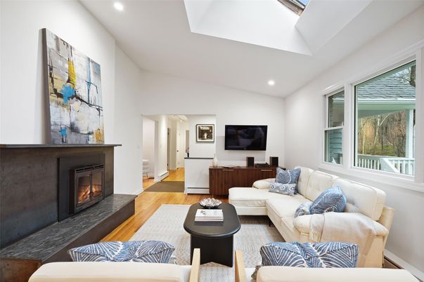 Fireplace, Interior, Living room, Recessed Lighting, Wood Texture Flooring