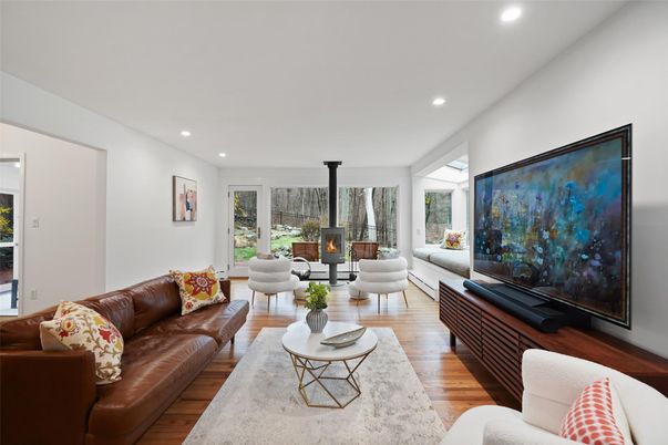 Dining room, Fireplace, Interior, Living room, Recessed Lighting, Wood Texture Flooring