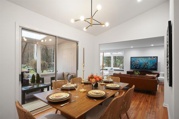 Dining room, Interior, Living room, Pendant Lights, Recessed Lighting, Wood Texture Flooring