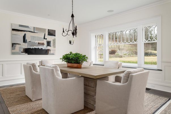 Dining room, Interior, Pendant Lights, Recessed Lighting, Wood Texture Flooring