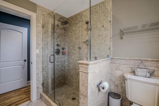 Bathroom, Glass Shower, Interior, Wood Texture Flooring