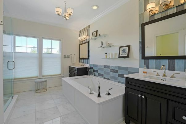 Bathroom, Dual Sink Vanities, Glass Shower, Interior, Marble, Recessed Lighting