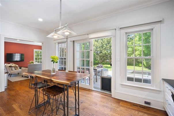 Dining room, Interior, Pendant Lights, Recessed Lighting, Wood Texture Flooring
