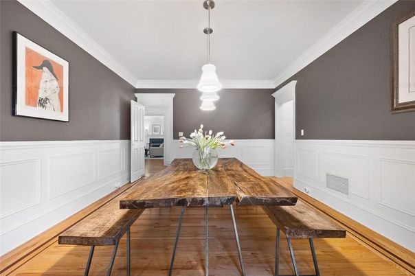 Dining room, Interior, Pendant Lights, Wood Texture Flooring