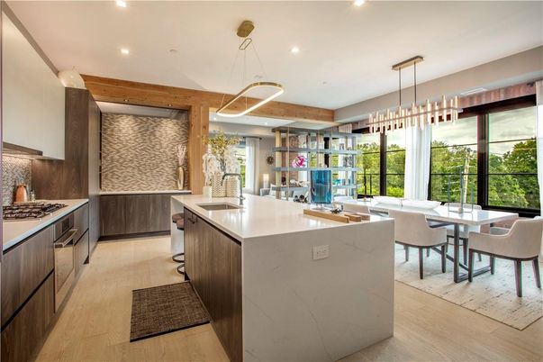 Dining room, Interior, Kitchen, Pendant Lights, Recessed Lighting, Wood Texture Flooring
