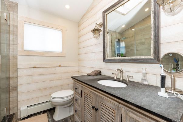 Bathroom, Glass Shower, Interior, Recessed Lighting, Wood Texture Flooring
