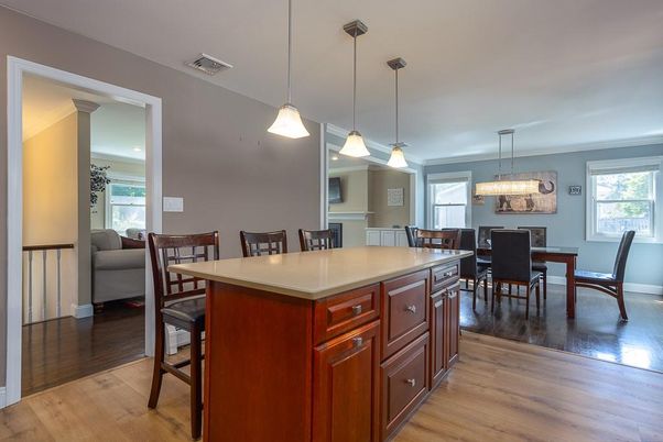Dining room, Interior, Pendant Lights, Wood Texture Flooring