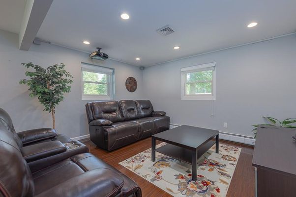 Home Theatre Room, Interior, Living room, Recessed Lighting, Wood Texture Flooring
