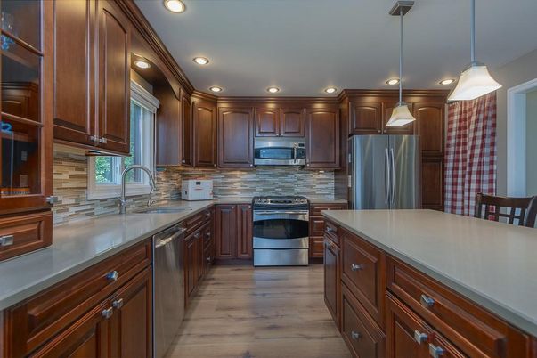 Interior, Kitchen, Pendant Lights, Recessed Lighting, Stainless Steel Appliances, Wood Texture Flooring