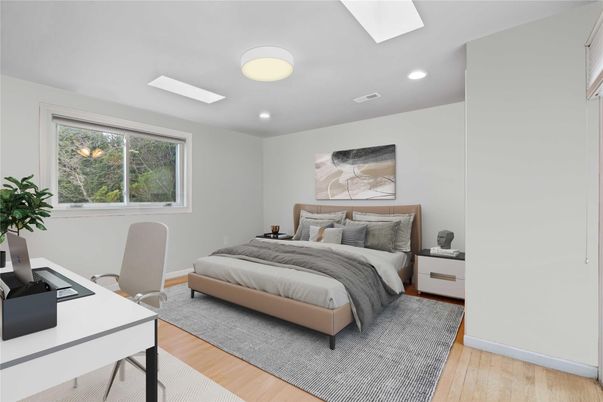 Bedroom, Home Office, Interior, Recessed Lighting, Wood Texture Flooring