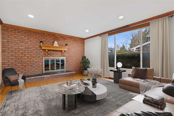 Fireplace, Interior, Living room, Recessed Lighting, Stone Walls, Wood Texture Flooring