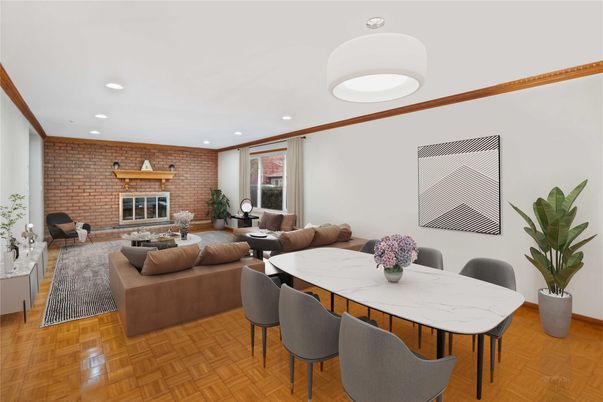 Dining room, Fireplace, Interior, Living room, Recessed Lighting, Stone Walls, Wood Texture Flooring